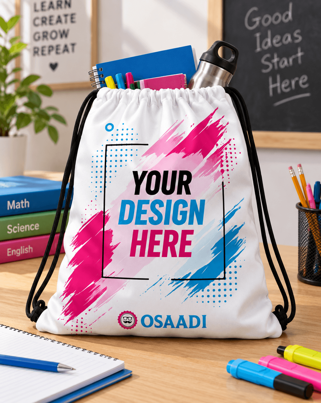 Personalised drawstring bag being used for school or activity supplies.