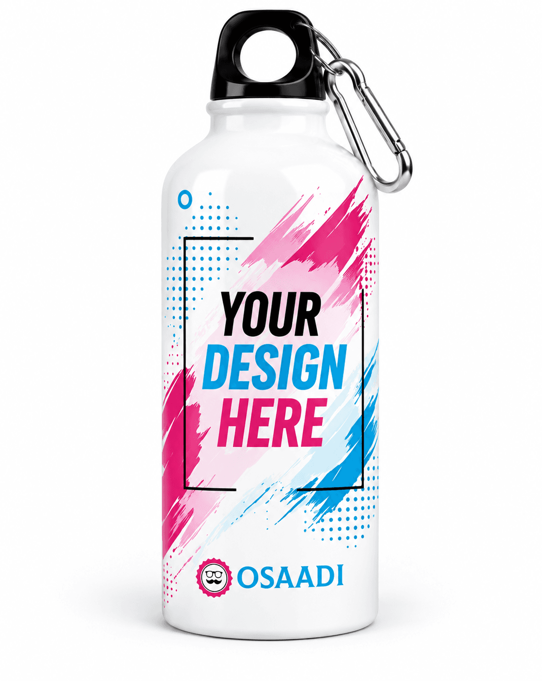 Custom water bottle displaying colourful blue and pink Osaadi sample artwork.