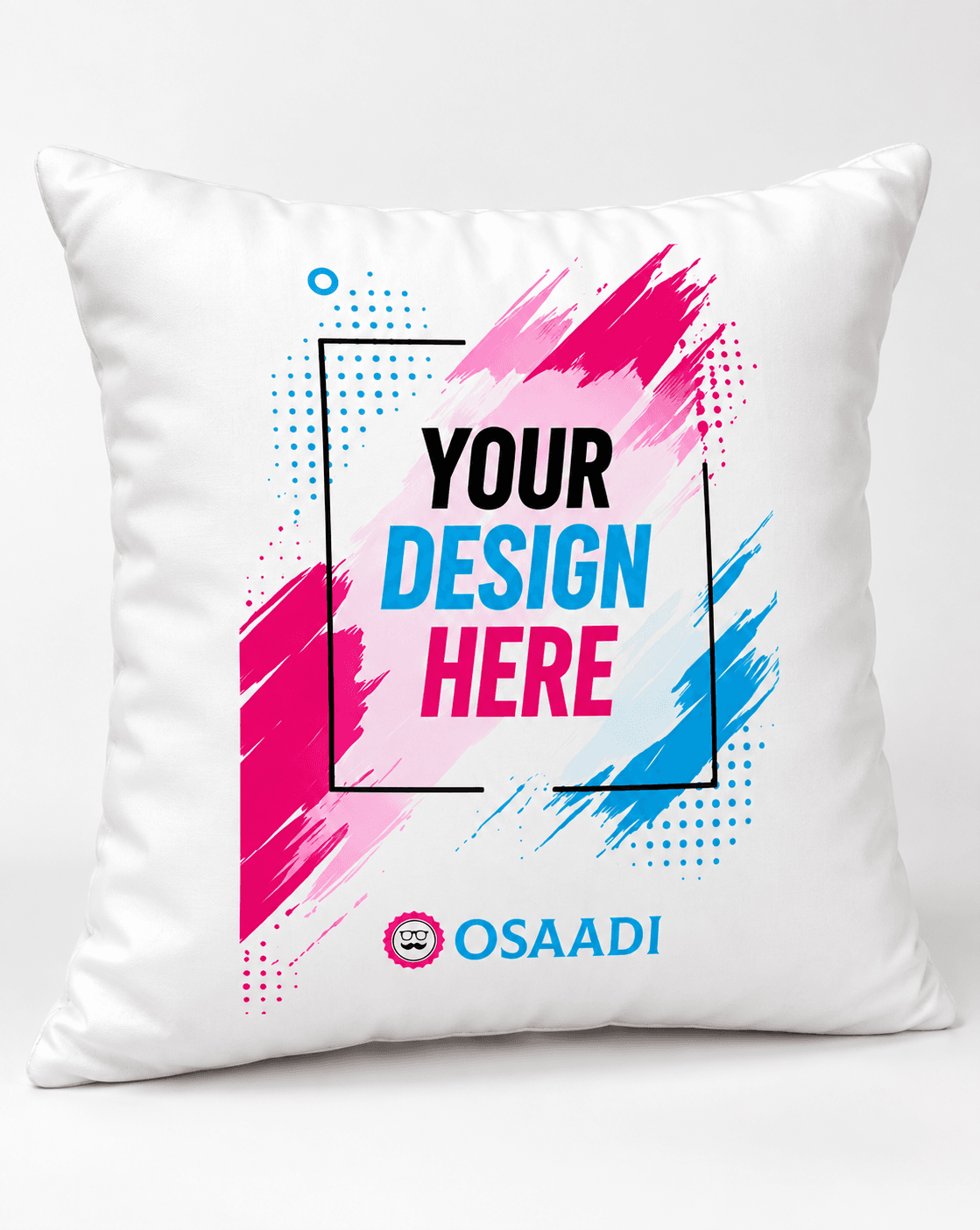 Straight-on view of personalised 12x12 silk cushion showing full front printable area