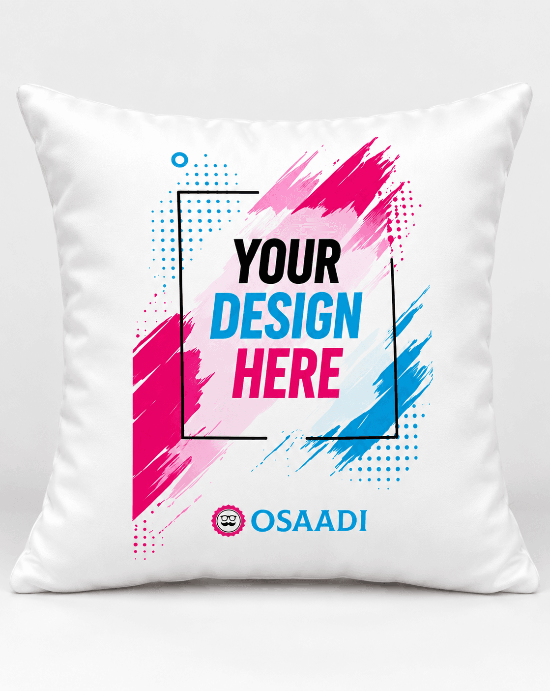 Custom 12x12 inch white silk cushion with colourful personalised front print and filling