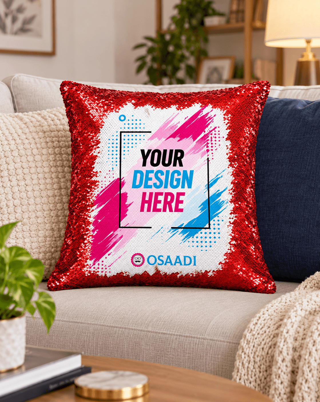 Filled custom magic cushion displayed decoratively on a living-room sofa.