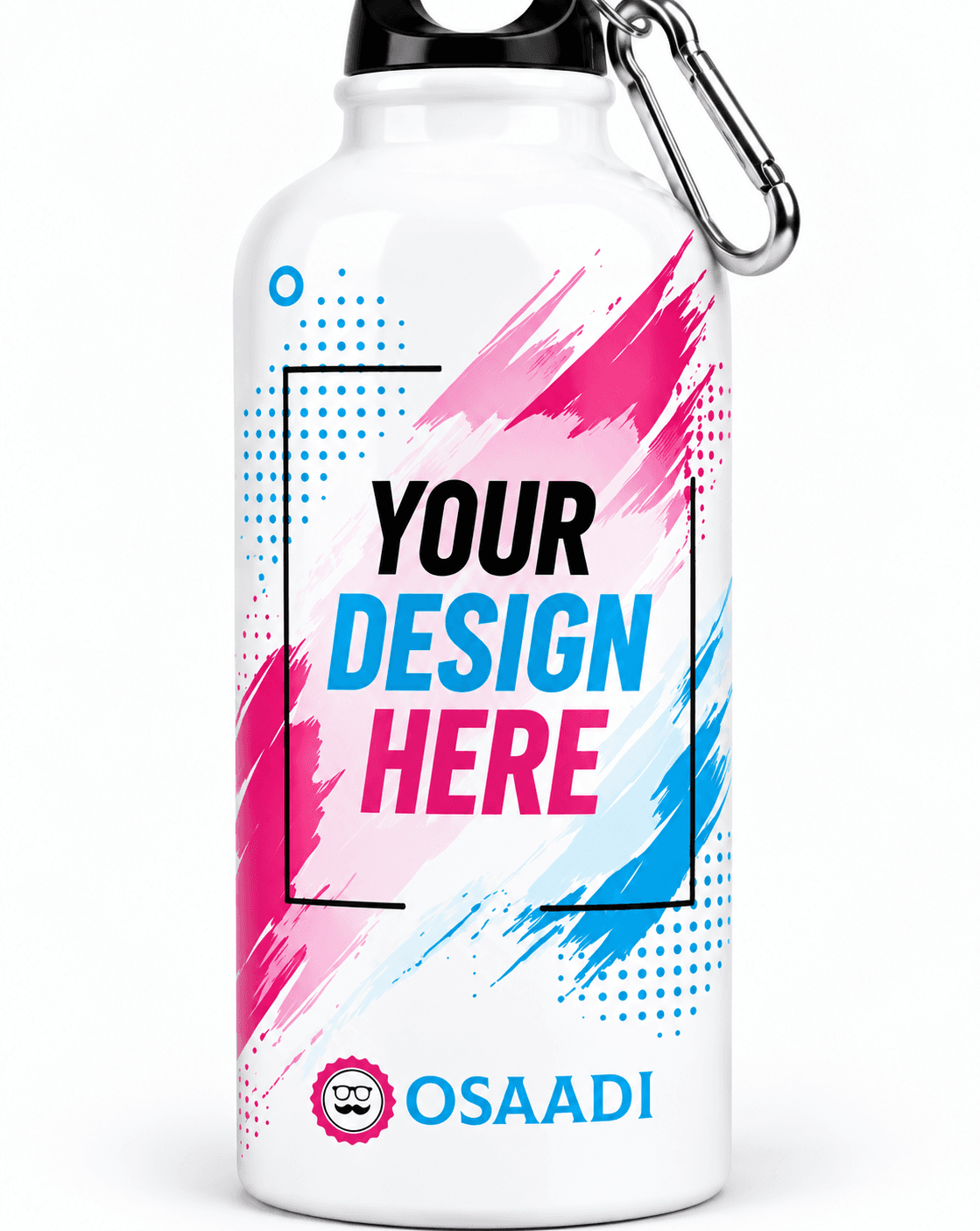 Close-up of a name and colourful artwork printed on a custom water bottle.