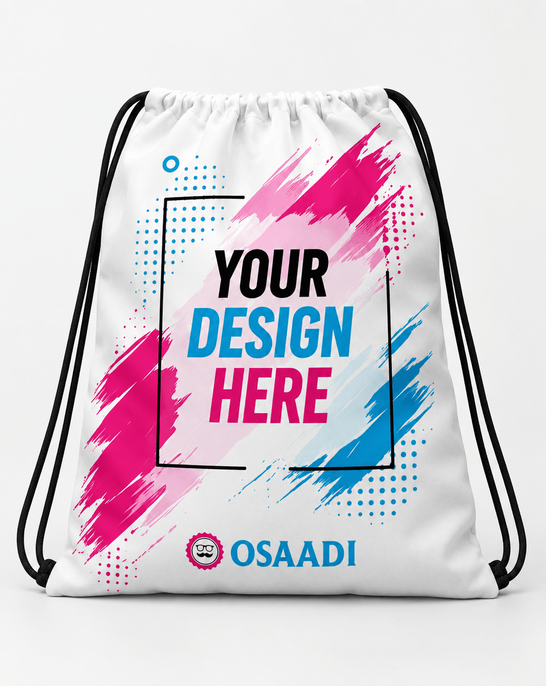 Custom drawstring bag displaying colourful blue and pink personalised artwork.