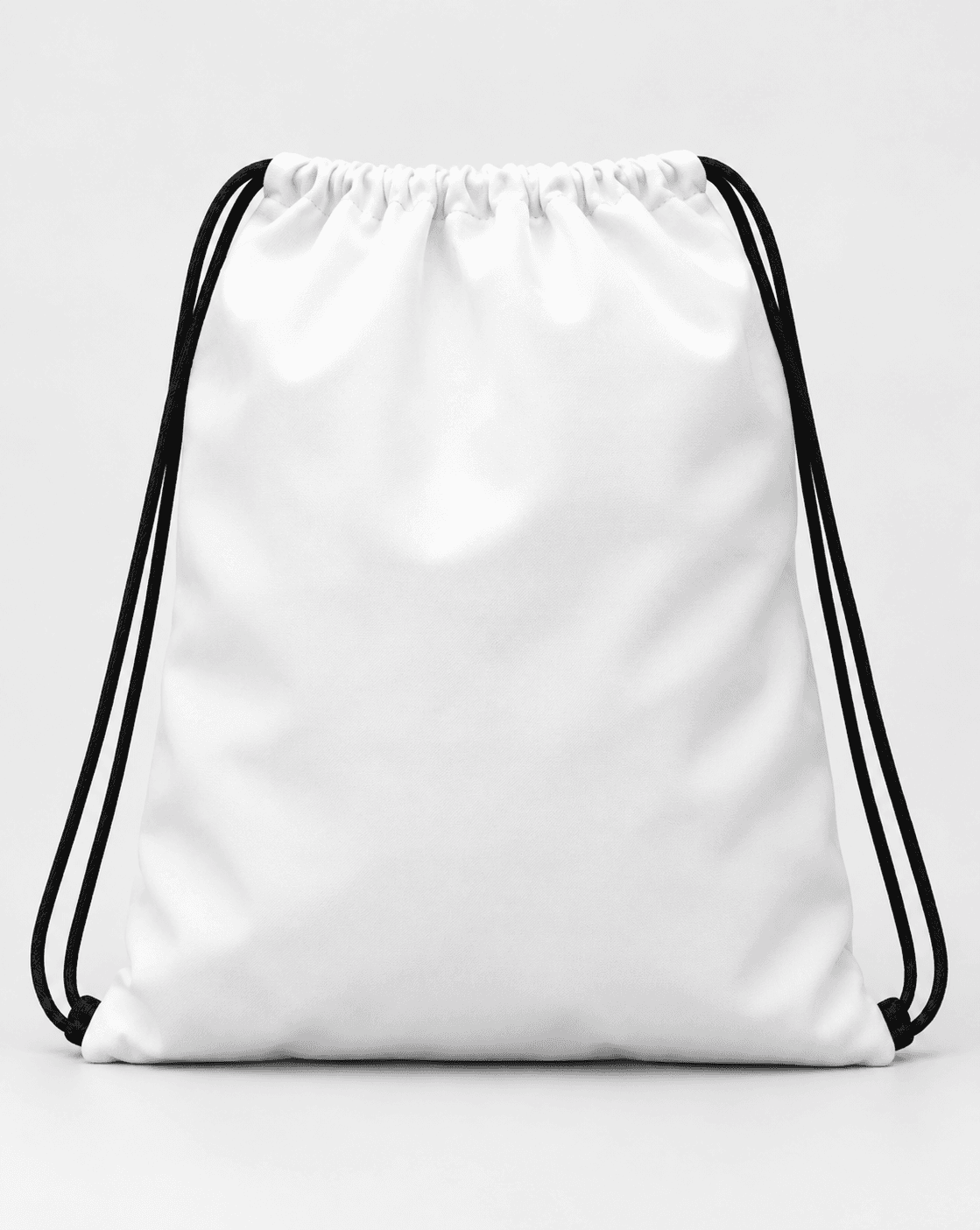Personalised drawstring bag shown from the back with its pull cords visible.