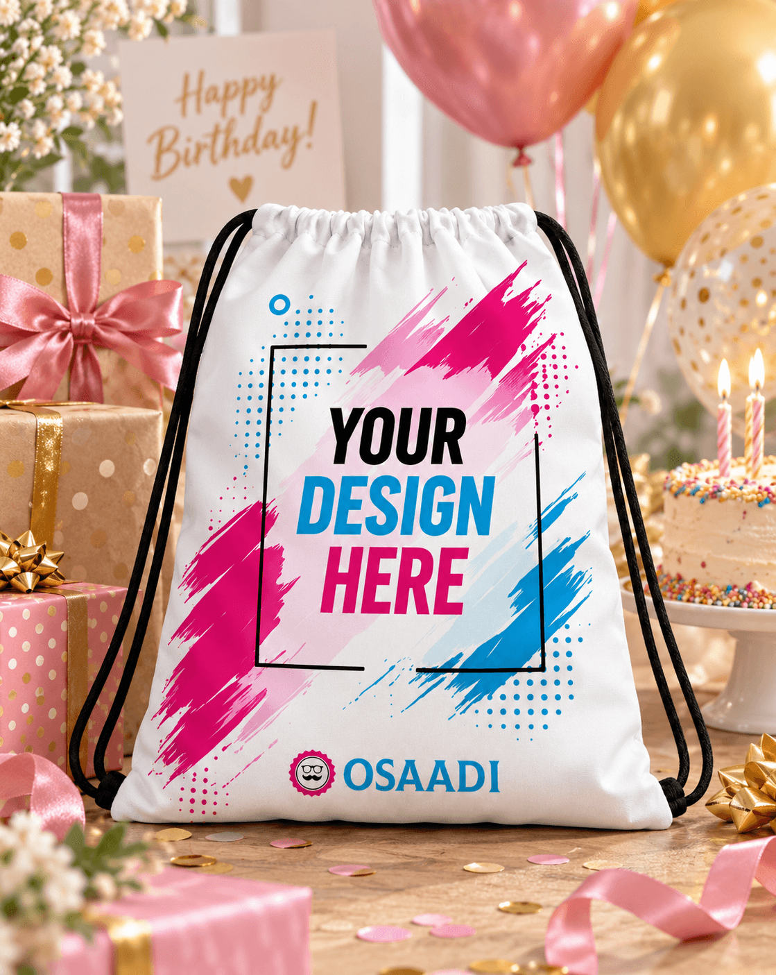 Custom printed drawstring bag presented as a practical birthday gift.