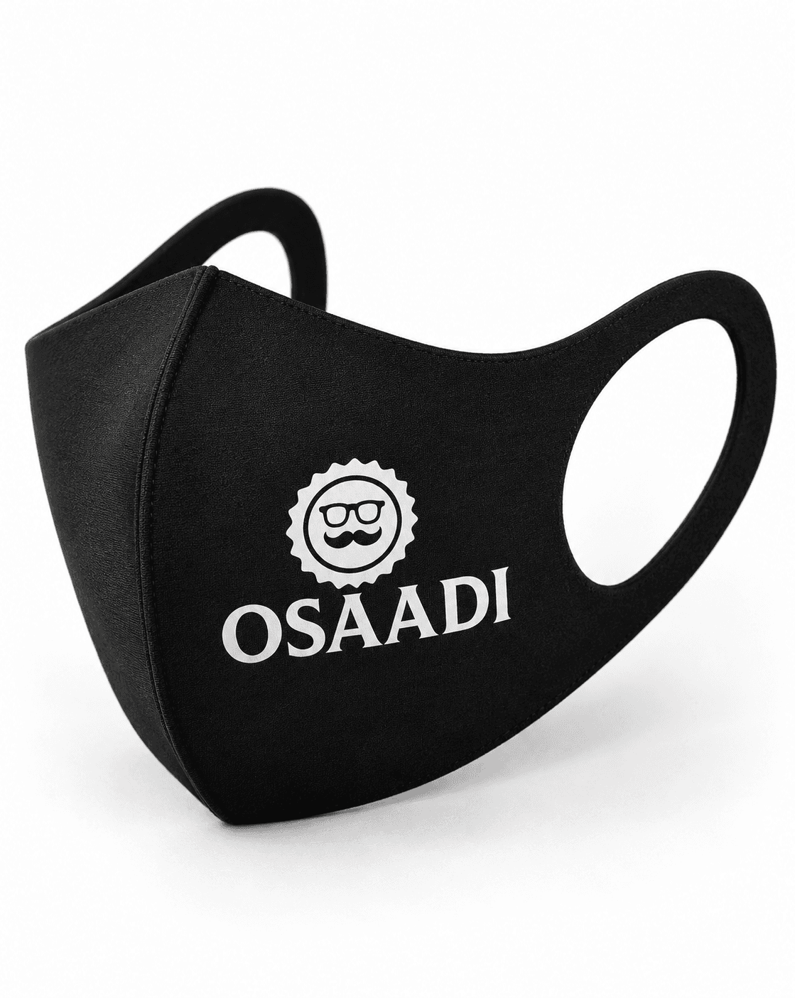 Side view of a black name face mask showing its fastening straps.