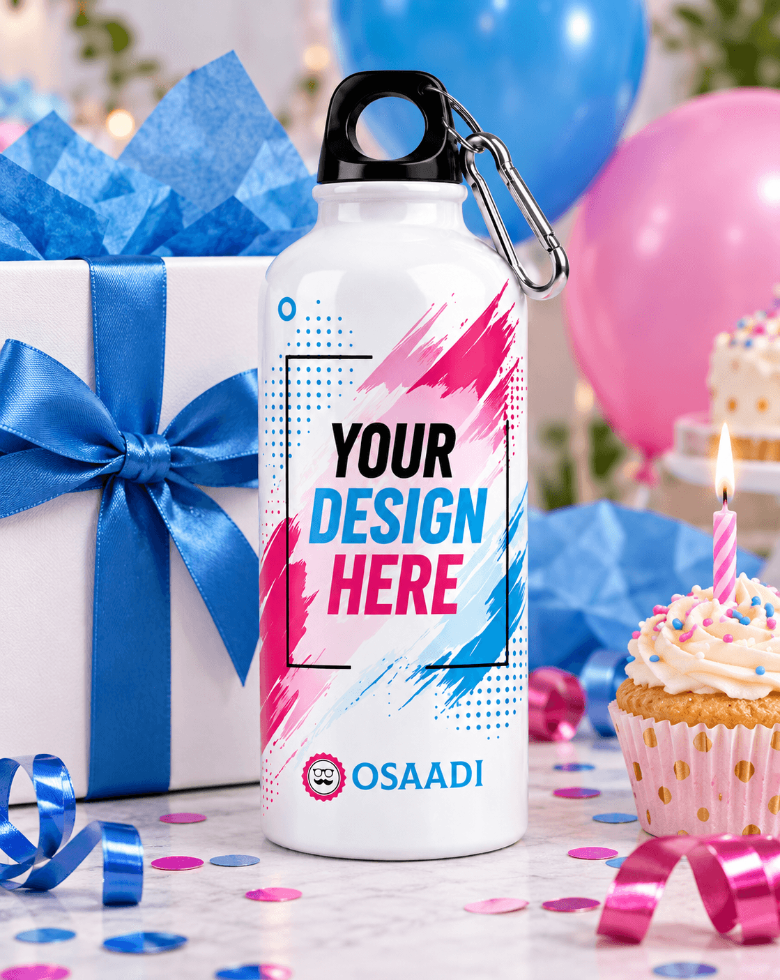 Personalised water bottle presented as a practical birthday gift.