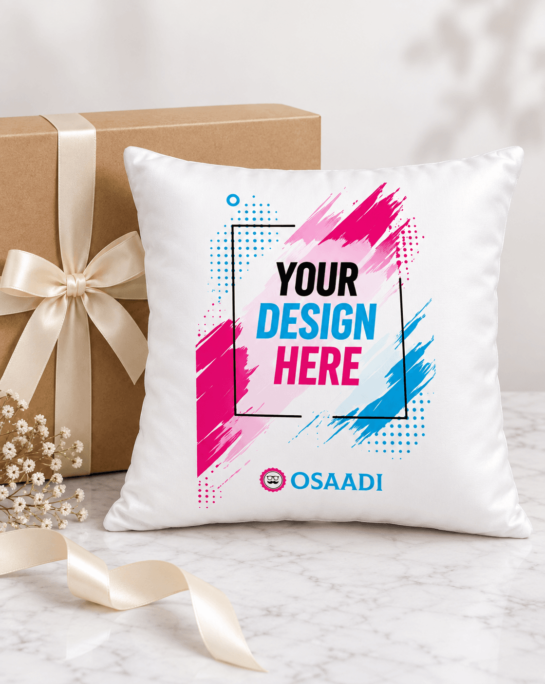 Custom 12x12 silk cushion presented as a personalised gift with simple packaging