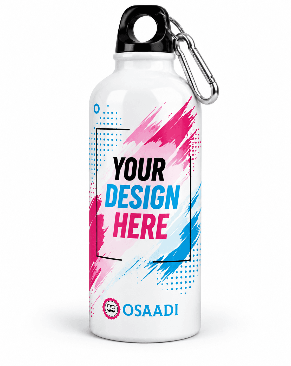 Personalised water bottle shown from the side with the printed design visible.