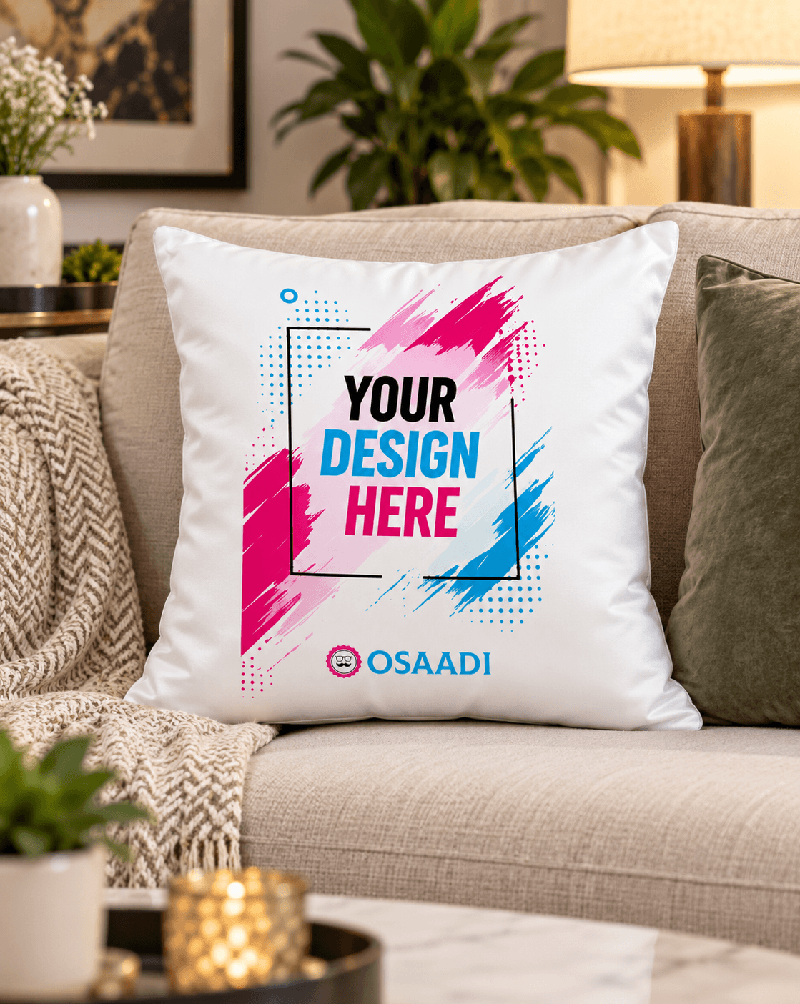 Personalised silk cushion displayed on a contemporary Pakistani home sofa
