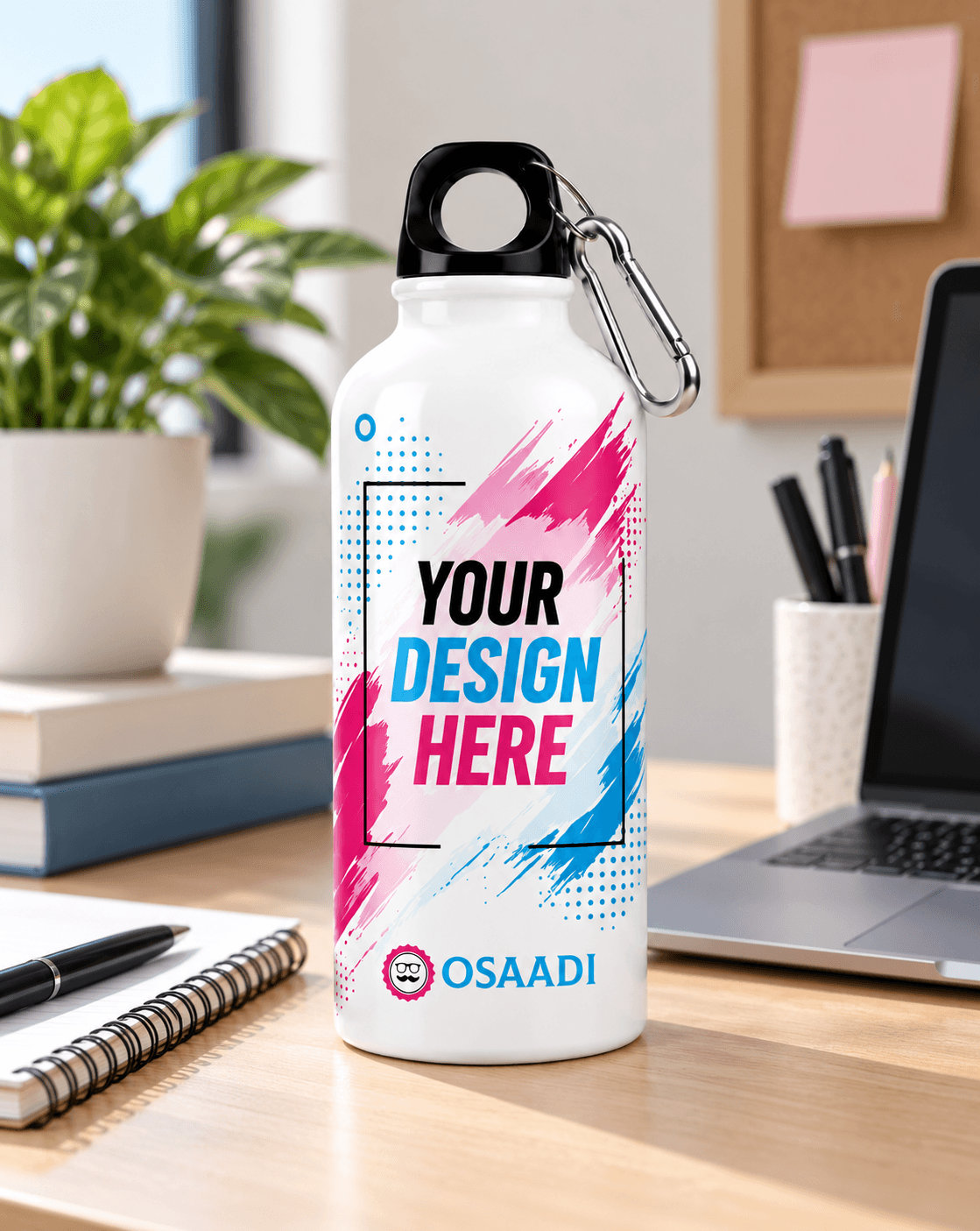 Custom water bottle placed on a desk for everyday school or office use.